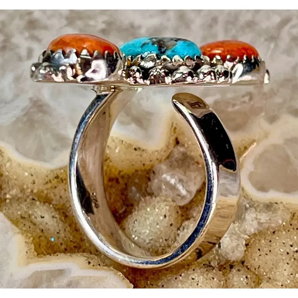 Sterling Silver Spiny Oyster Kingman Turquoise Cluster Statement Ring Adjust Sz